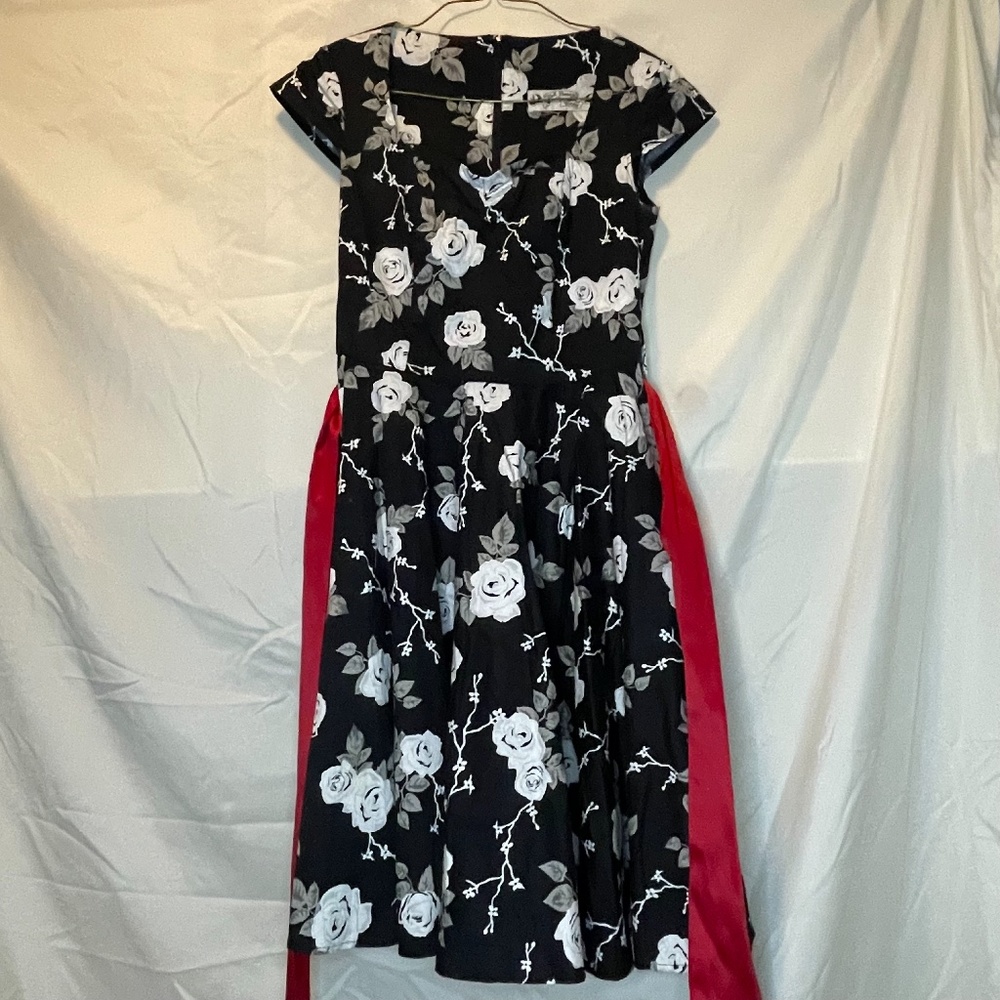 Hell Bunny Black Grey White Dress w/ Red Ribbon